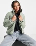Topshop Padded Jacket With Faux Fur Hood In Sage-green