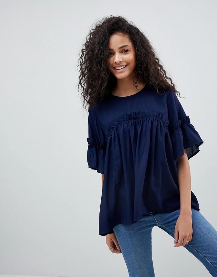 Asos Oversized Smock Top With Ruffle Detail - Green