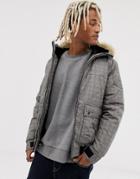 Pull & Bear Jacket With Faux Fur Hood In Gray Check - Gray