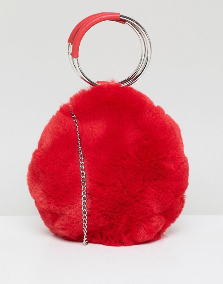 New Look Round Fur Bag - Red