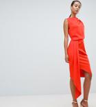 Asos Design Tall Satin Drape Midi Dress With Sash Detail - Orange