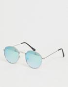 Skinnydip Chloe Silver Blue Reflective Round Sunglasses - Blue