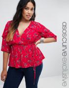 Asos Curve Wrap Front Blouse In Red Ditsy Floral - Red