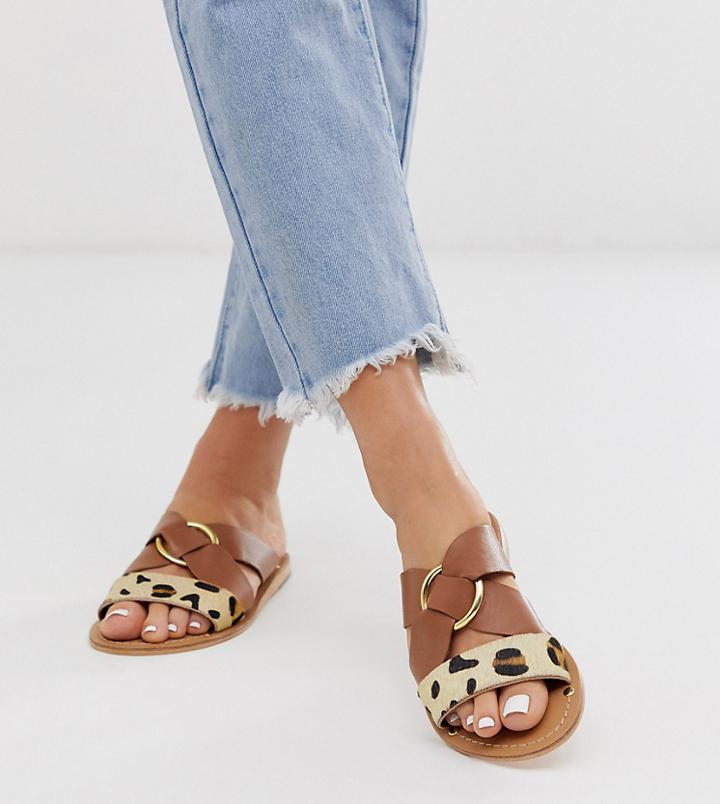Asos Design Wide Fit Frankie Leather Ring Detail Flat Sandals-multi