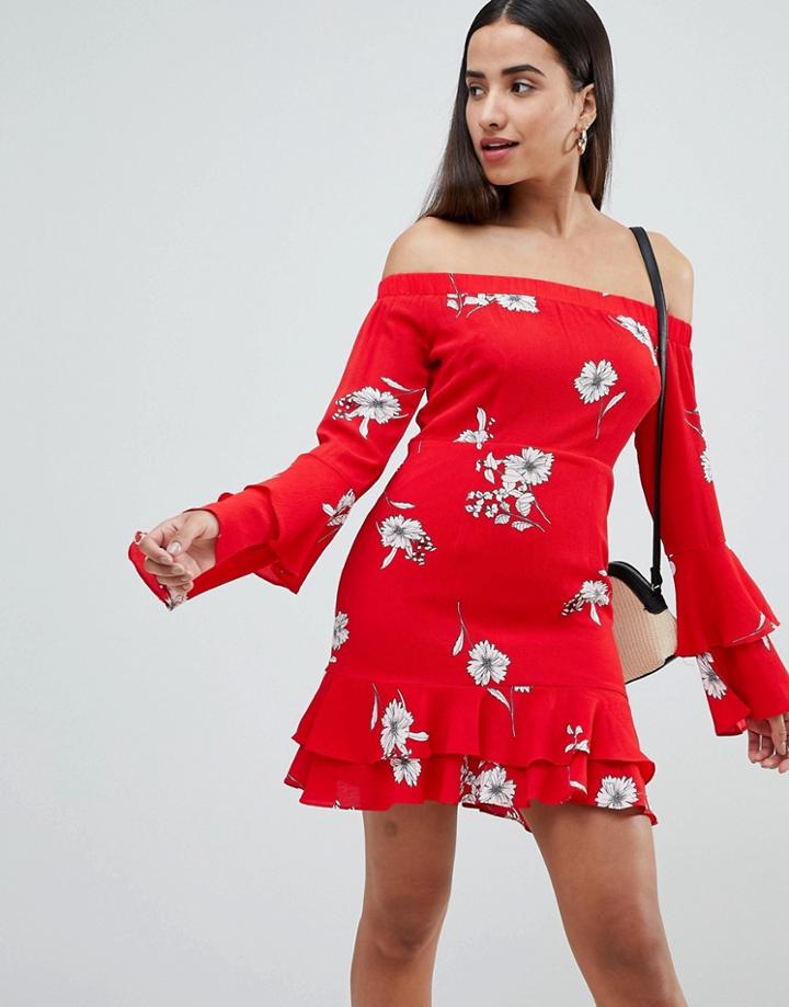 Prettylittlething Floral Bardot Ruffle Hem Dress - Red