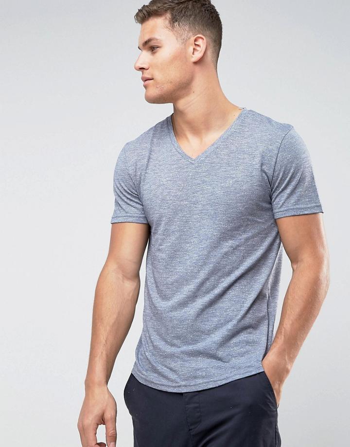 Tom Tailor V-neck T-shirt In Melange Cotton - Navy