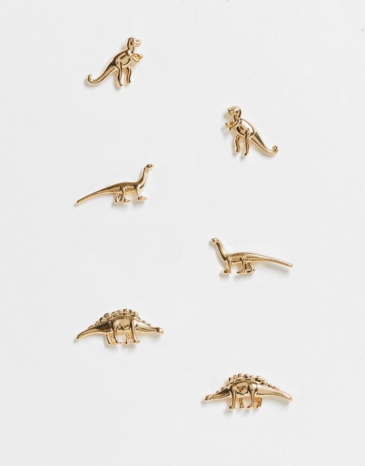 Asos Design Pack Of 3 Stud Earrings In Dinosaur Design In Gold Tone