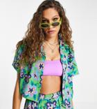 Collusion Floral Print Cropped Linen Beach Shirt In Green-multi