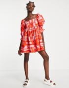 River Island Frill Sleeve Printed Mini Smock Dress In Red