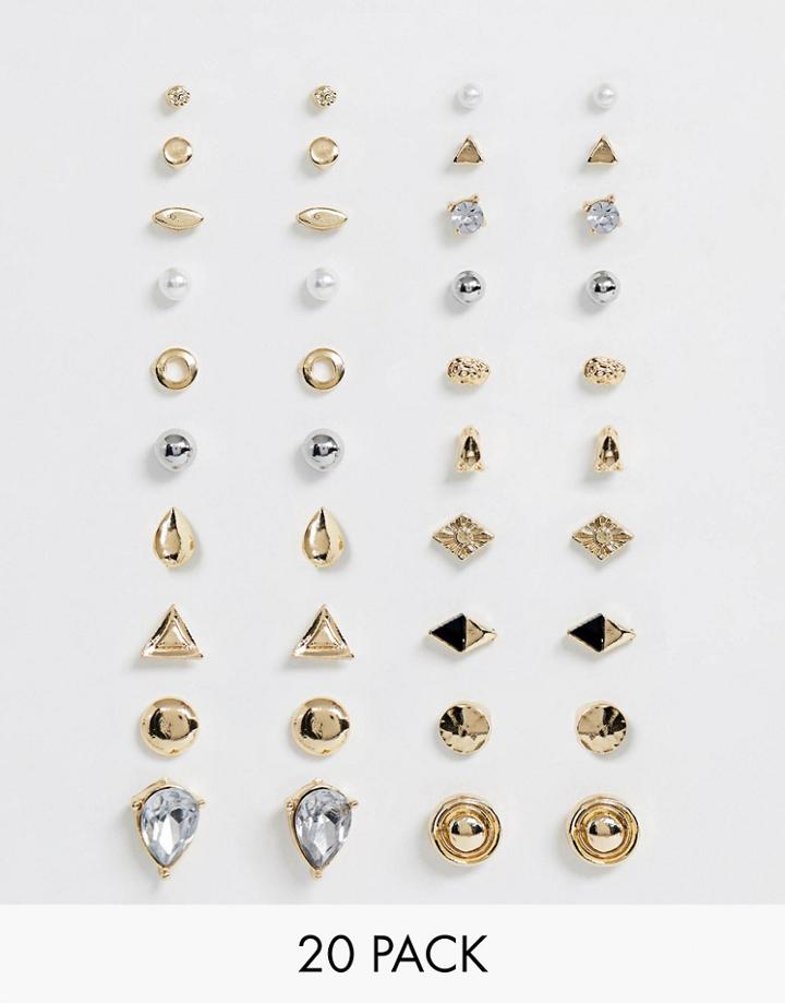 Asos Design Pack Of 20 Stud Earrings In Mixed Metals - Multi