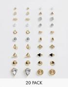 Asos Design Pack Of 20 Stud Earrings In Mixed Metals - Multi