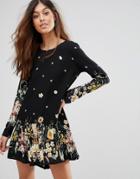 Qed London Dress With Floral Border Print - Black