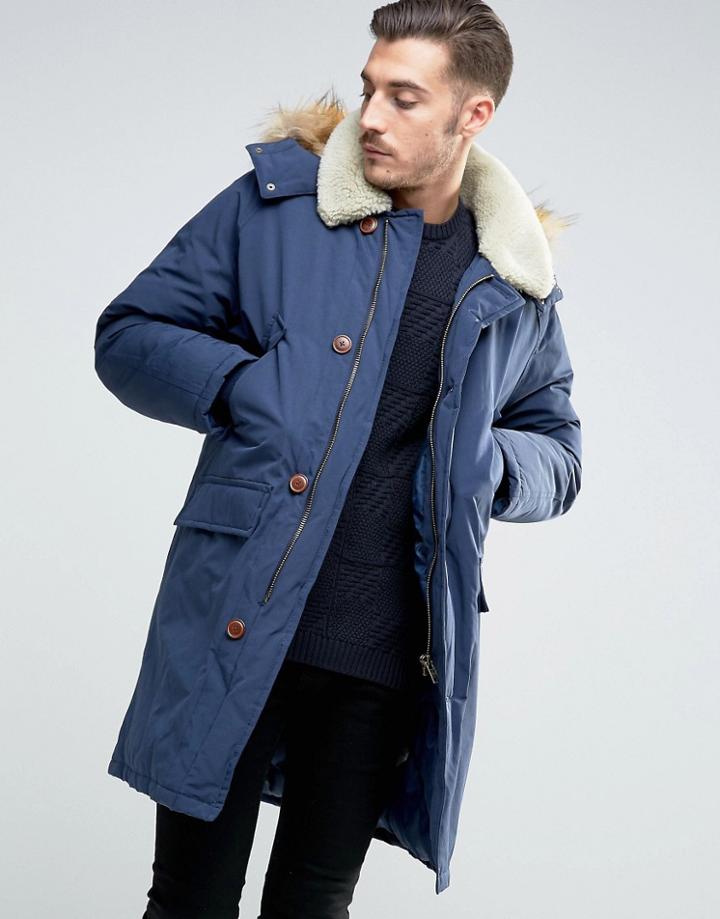 Asos Parka Jacket With Fleece Collar In Navy - Navy