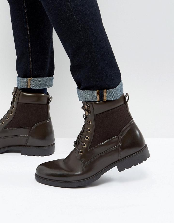 Asos Lace Up Boots In Brown Faux Leather - Brown