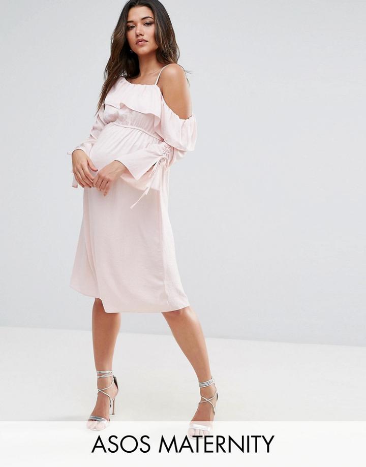 Asos Maternity One Shoulder And Ruched Sleeve Detail Midi Dress - Pink
