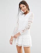 Missguided Long Sleeve Frill Hem Lace Dress - White