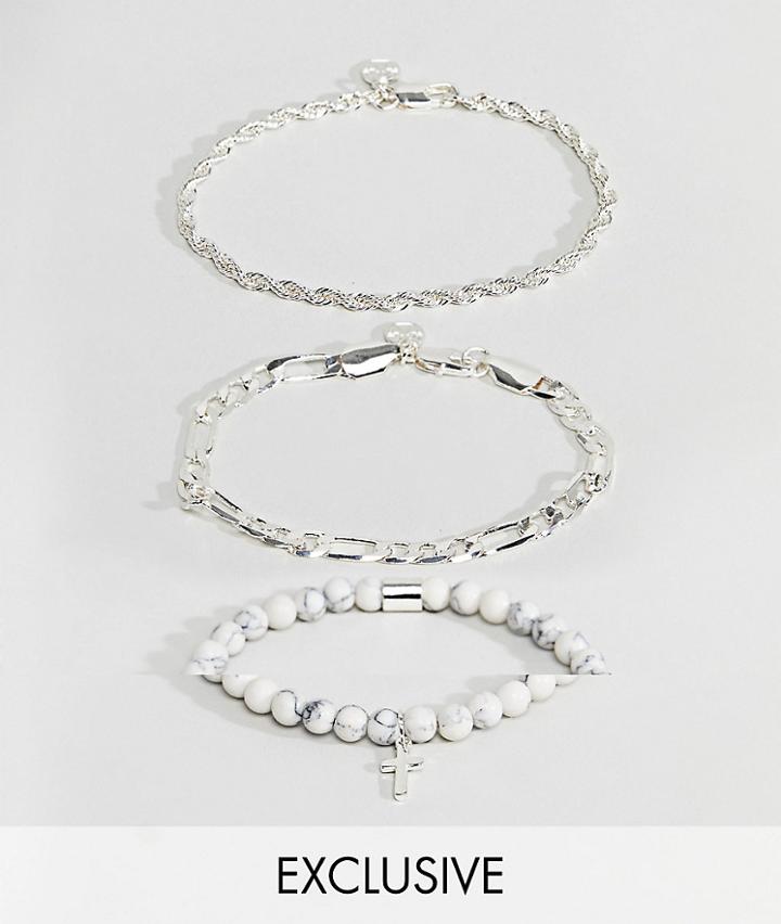 Chained & Able Majesty Chain & White Marble Bracelet In 3 Pack Exclusive To Asos - White