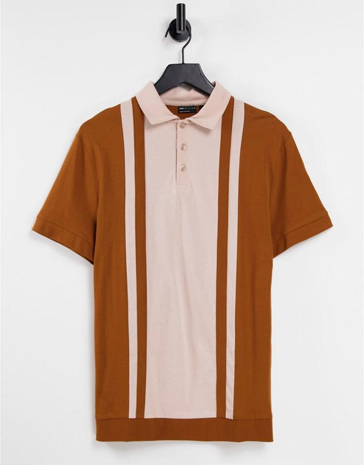 Asos Design Polo T-shirt In Retro Brown Color Block-multi