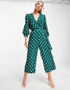 Ax Paris Long Sleeve Jumpsuit In Green Polka