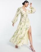Asos Design Button Up Pintuck Maxi Dress In Yellow Floral Print-multi