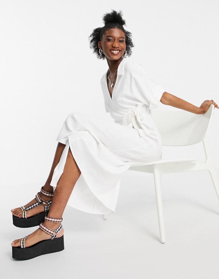 Asos Design Linen Wrap Midi Dress In Ivory-white