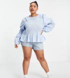 Only Curve Top With Shirred Bodice And Sleeves In Light Blue-blues