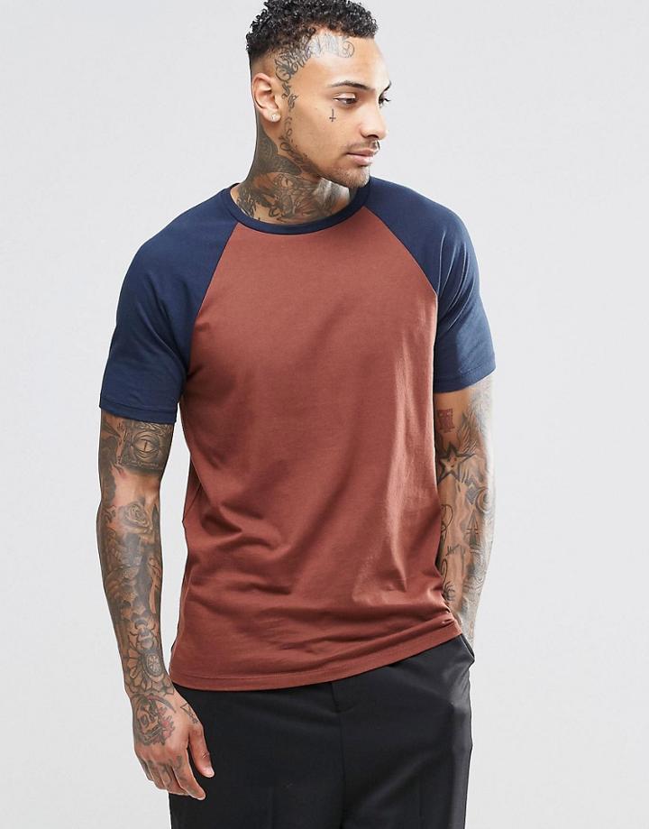 Asos T-shirt With Contrast Raglan Sleeves In Rust Red/navy - Burnt Umber Bo