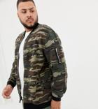 Asos Design Plus Jersey Bomber Jacket In Camo With Ma1 Pocket - Green
