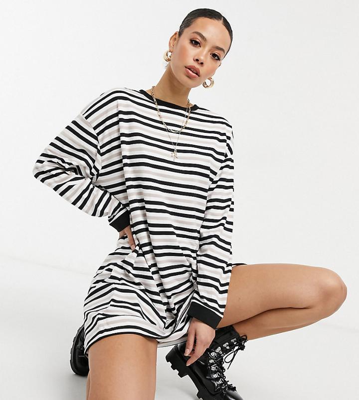 Asos Design Tall Oversized Long Sleeve T-shirt Dress In Gray Black And White Stripe-multi