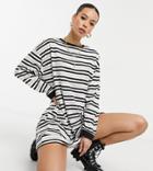 Asos Design Tall Oversized Long Sleeve T-shirt Dress In Gray Black And White Stripe-multi