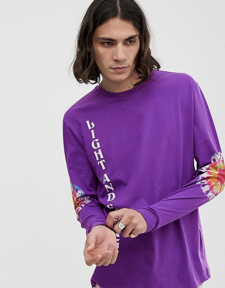 Asos Design Relaxed Long Sleeve T-shirt With Tie Dye Sleeve Placement And Text Print - Purple
