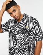 Fred Perry Zebra Print Camp Collar Short Sleeve Shirt In Black