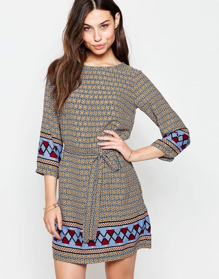 Yumi Belted Shift Dress In Border Print - Multi