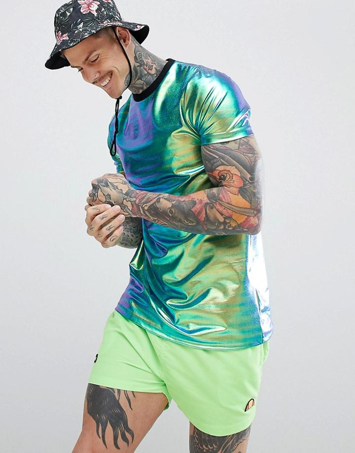 Asos Design Festival T-shirt In Holographic Metallic Blue Fabric - Blue