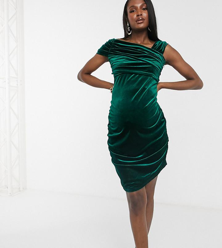 Jaded Rose Maternity Exclusive Velvet Mini Dress With Off Shoulder Detail In Emerald Green