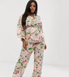 Liquorish Plus Wide Leg Pants In Floral Print With Green Piping Two-piece - Multi