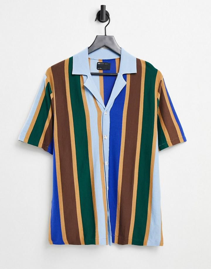 Asos Design Knitted Camp Collar Polo With Vertical Stripes-multi