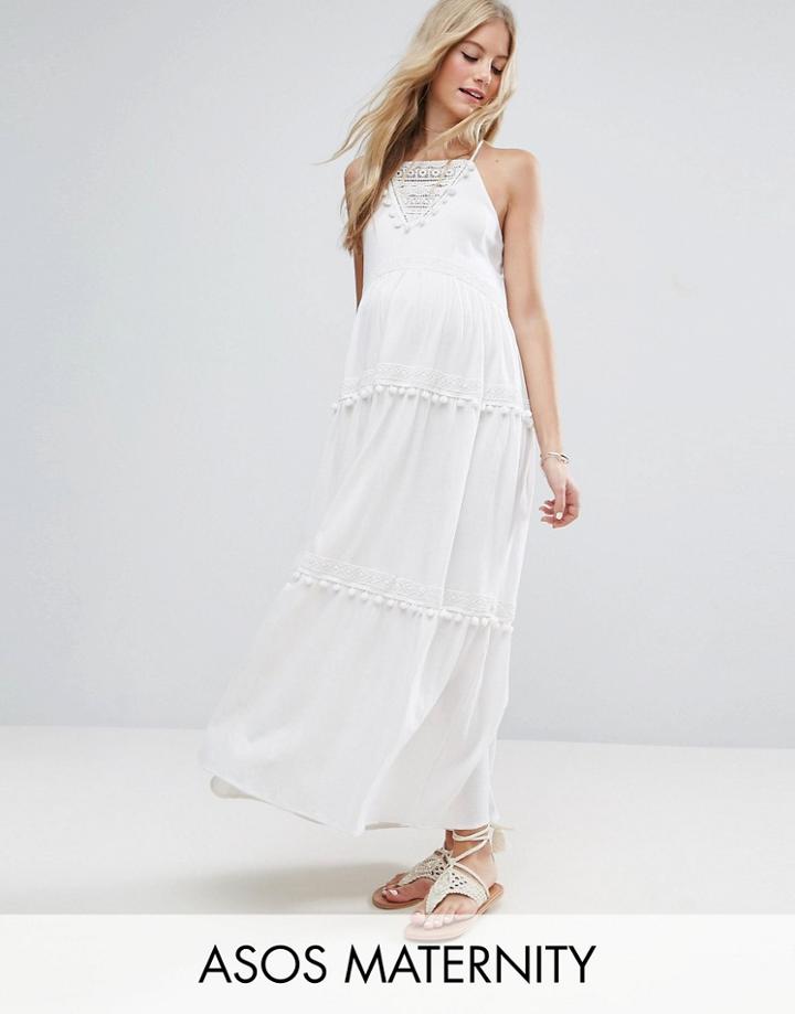 Asos Maternity Maxi Dress With Lace Inserts And Pom Poms - White