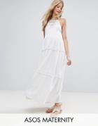 Asos Maternity Maxi Dress With Lace Inserts And Pom Poms - White