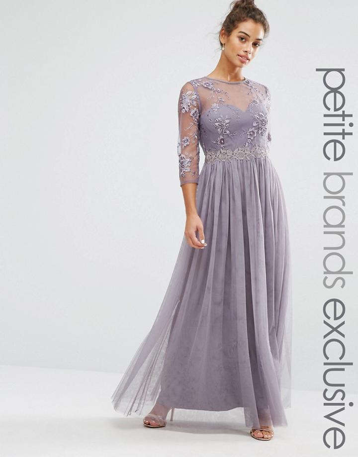 Little Mistress Petite Premium Embroidered Maxi Dress With Pleated Ski