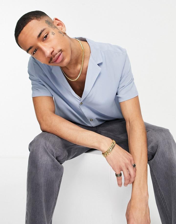 Asos Design Relaxed Viscose Shirt With Revere Collar In Blue-blues