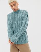 Asos Design Hand Knitted Heavyweight Turtleneck Sweater In Light Blue - Blue