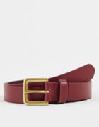 Asos Design Slim Leather Belt In Burgundy With Gold Buckle-red