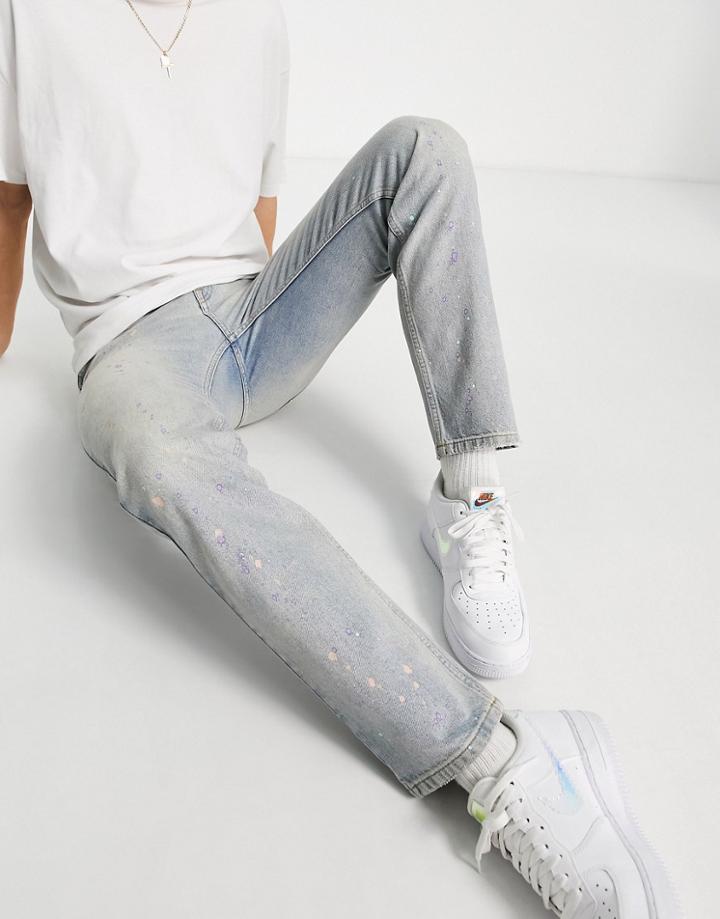 Topman Straight Paint Splat Jeans In Light Wash Blue-blues