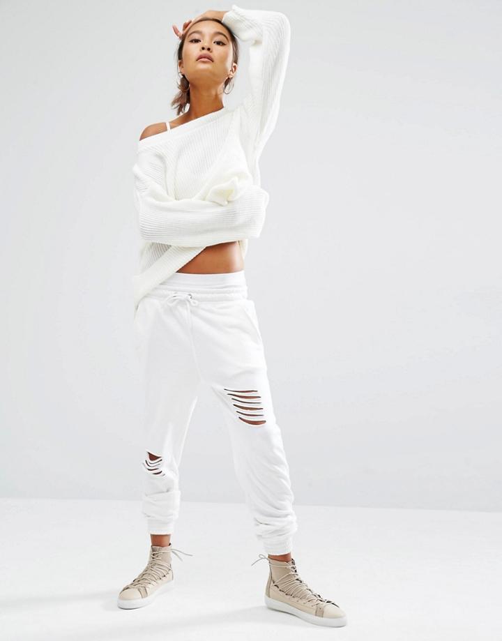 Daisy Street Sweat Pants With Distressing - White