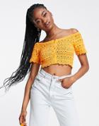 Asos Design Crochet Off Shoulder Beach Top In Orange