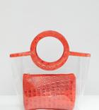 My Accessories Clear Plastic Tote Bag With Faux Croc Pouch And Handles - Clear