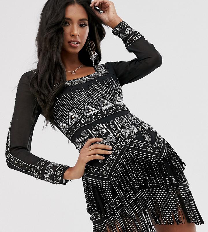 Asos Design Mini Dress With Silver Embellishment And Studded Fringe - Multi