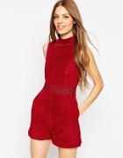 Asos Premium Romper In Suede With Cutwork Waist Detail - Red