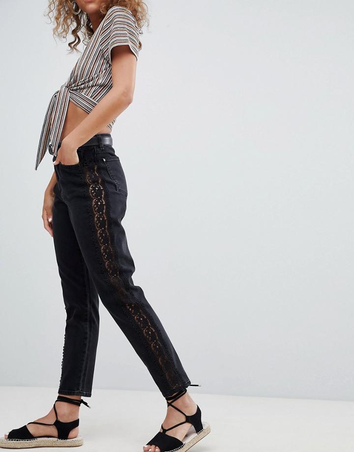 Miss Selfridge Crochet Side Stripe Mom Jeans - Black